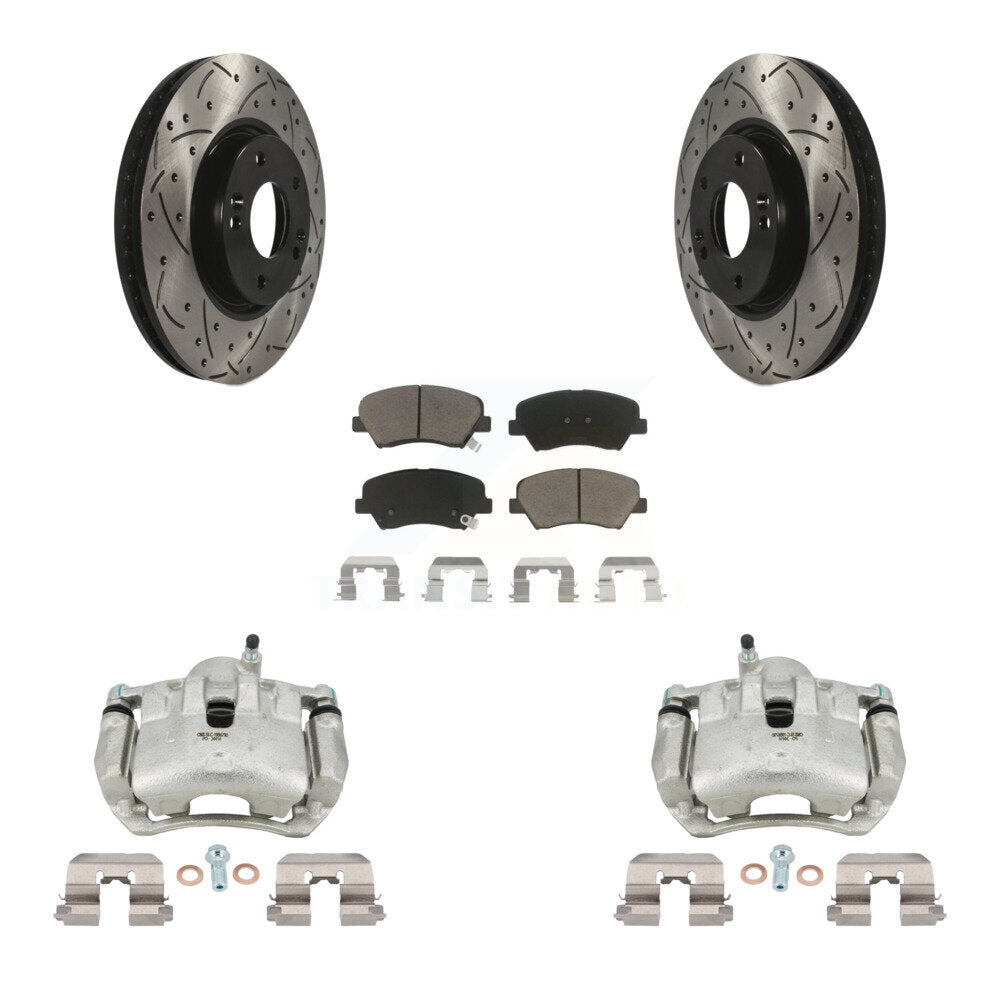 Front Disc Brake Coated Caliper Drilled Slotted Rotors And Ceramic Pad Kit For Kia Forte KCD-100039C