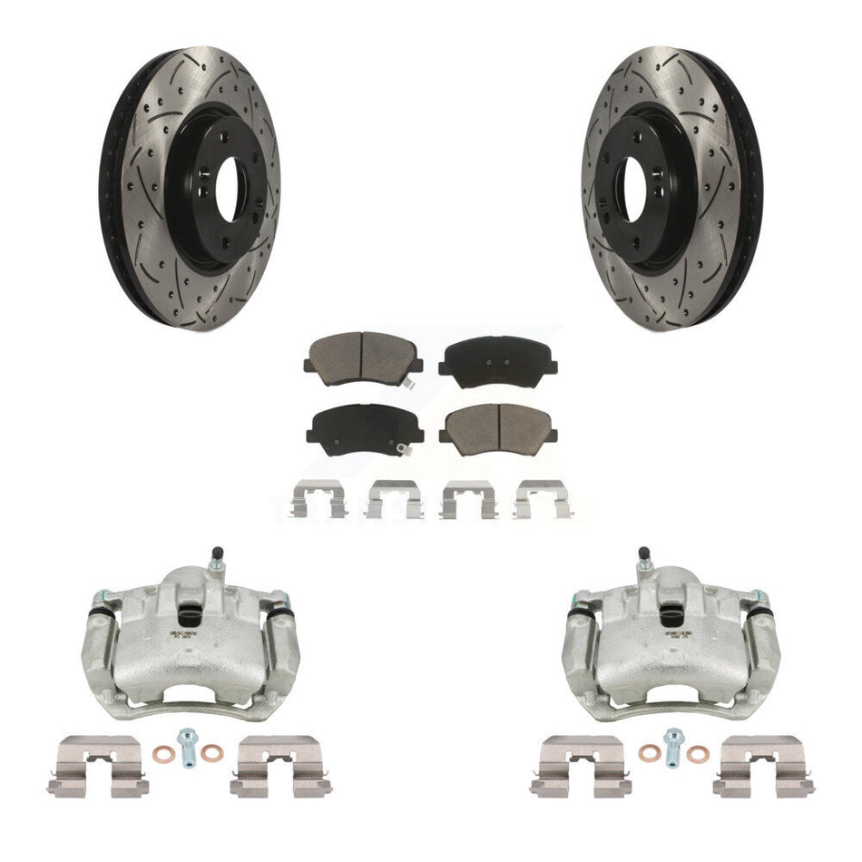 Front Disc Brake Coated Caliper Drilled Slotted Rotors And Ceramic Pad Kit For Kia Forte KCD-100039C