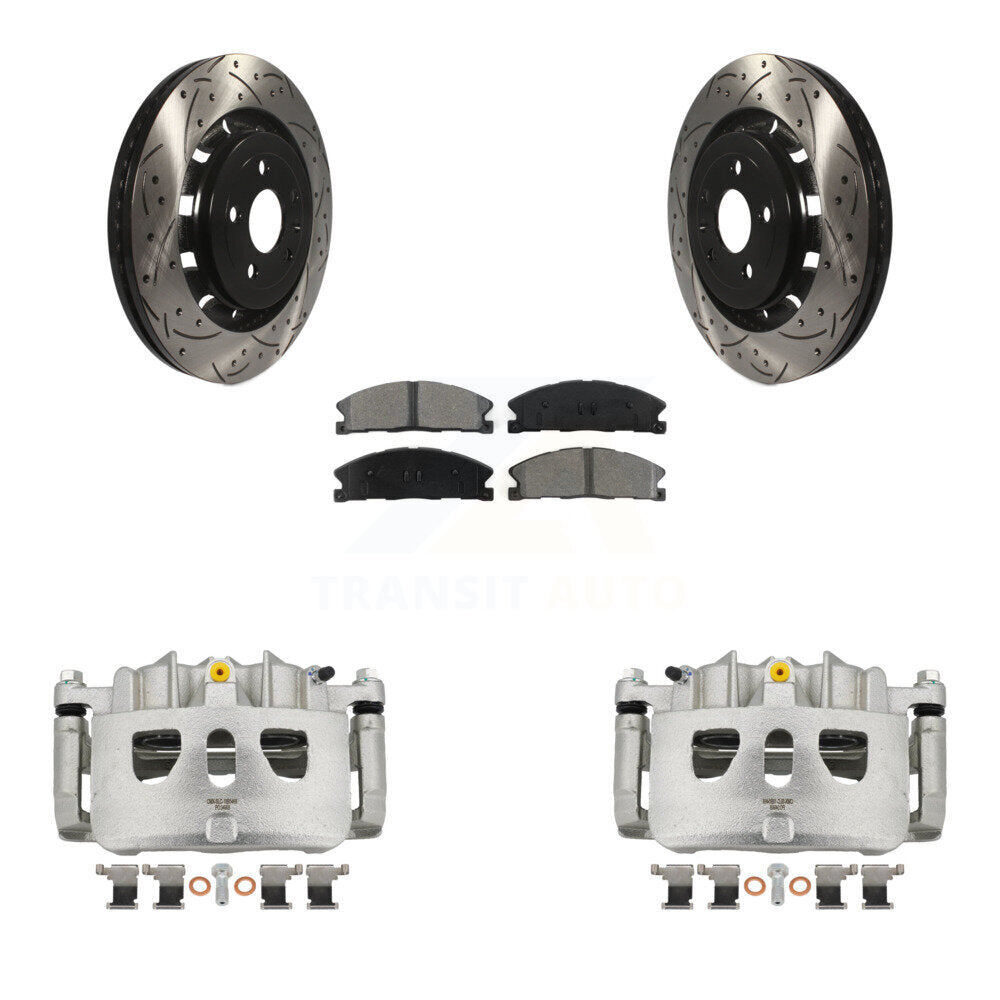 Front Brake Caliper Drill Slot Rotor Semi-Metallic Pad Kit For Ford Explorer Flex Taurus KCD-100041S