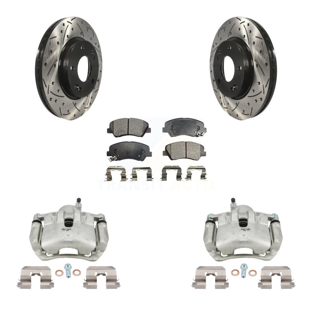 Front Brake Caliper Drill Slotted Rotor Ceramic Pad Kit For Hyundai Elantra GT Kia Forte KCD-100042T