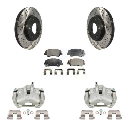 Front Brake Caliper Drill Slotted Rotor Ceramic Pad Kit For Hyundai Elantra GT Kia Forte KCD-100042T