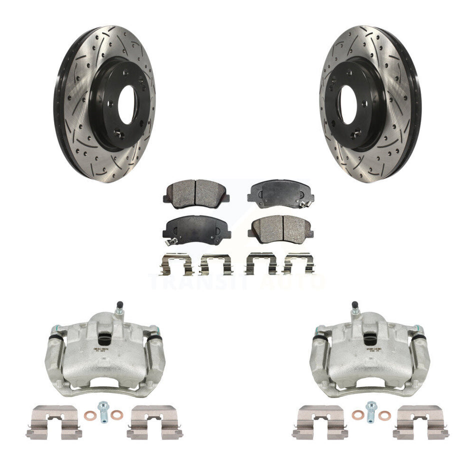 Front Brake Caliper Drill Slotted Rotor Ceramic Pad Kit For Hyundai Elantra GT Kia Forte KCD-100042T