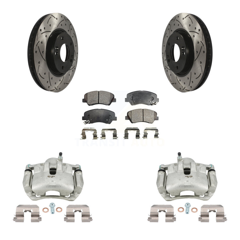 Front Disc Brake Coated Caliper Drilled Slotted Rotors And Ceramic Pad Kit For Kia Forte KCD-100044T