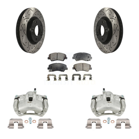 Front Disc Brake Coated Caliper Drilled Slotted Rotors And Ceramic Pad Kit For Kia Forte KCD-100044T