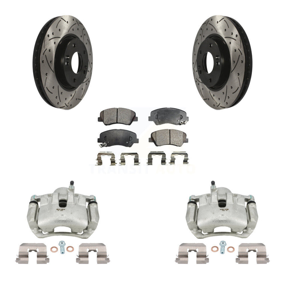 Front Disc Brake Coated Caliper Drilled Slotted Rotors And Ceramic Pad Kit For Kia Forte KCD-100044T