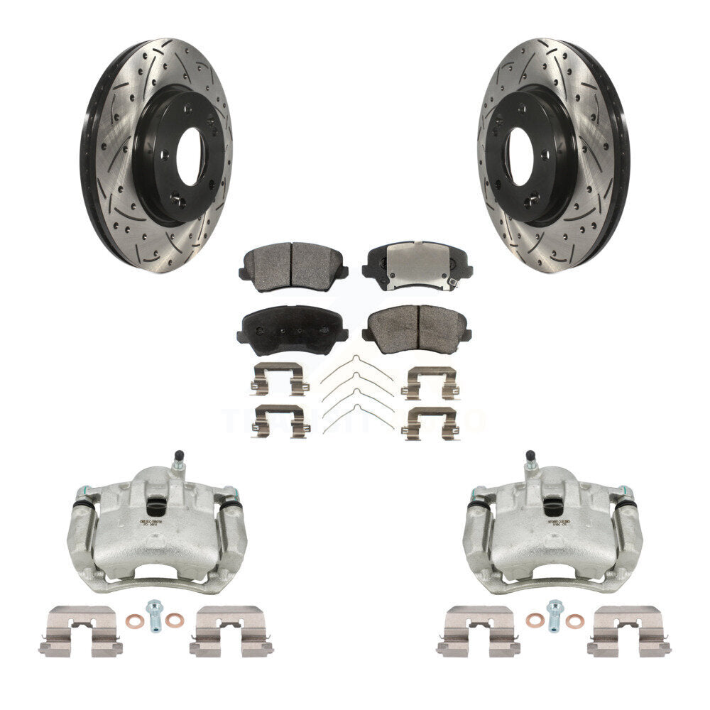 Front Brake Caliper Drill Slot Rotor Semi-Metallic Pad Kit For Kia Forte Hyundai Elantra KCD-100045P