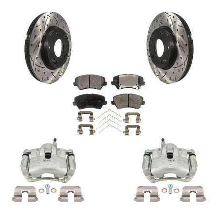 Front Brake Caliper Drill Slot Rotor Semi-Metallic Pad Kit For Kia Forte Hyundai Elantra KCD-100045P