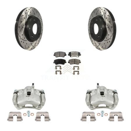Front Brake Caliper Drill Slotted Rotor Ceramic Pad Kit For Kia Forte Hyundai Elantra GT KCD-100045T
