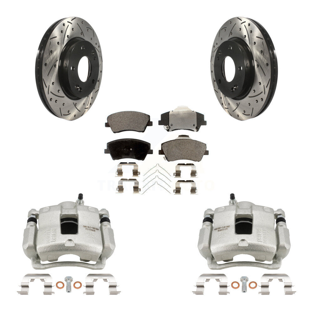 Front Brake Coated Caliper Drill Slotted Rotor Semi-Metallic Pad Kit For Hyundai Elantra KCD-100048P