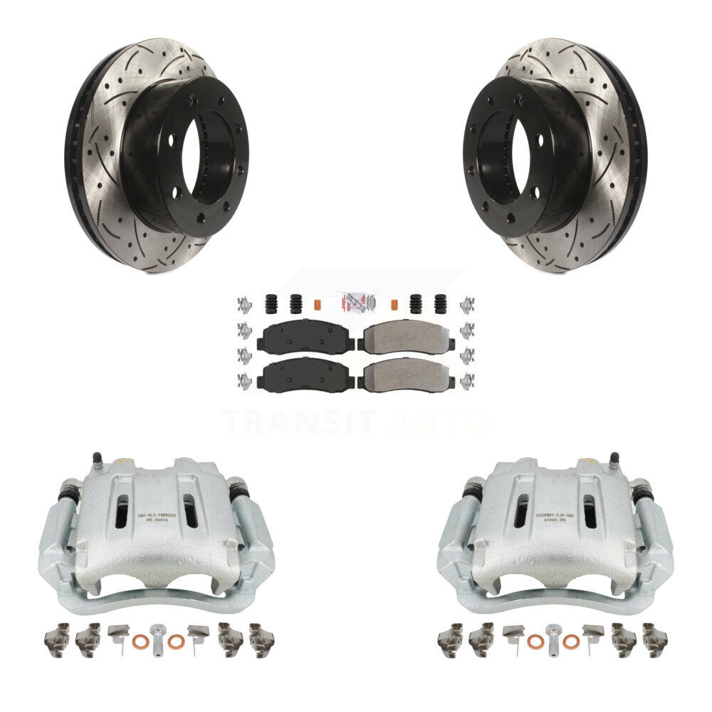 Front Disc Brake Coated Caliper Drilled Slotted Rotors And Semi-Metallic Pads Kit For Ford F-250 Super Duty F-350 KCD-100049N by Transit Auto