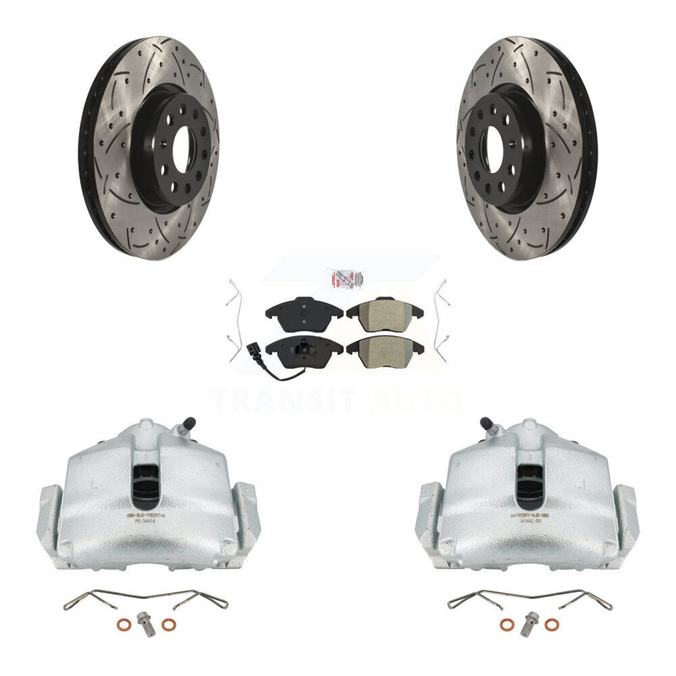 Front Disc Brake Coated Caliper Drilled Slotted Rotors And Semi-Metallic Pads Kit For Volkswagen Jetta Beetle CC Passat GTI Eos Audi A3 TT Quattro KCD-100054N by Transit Auto