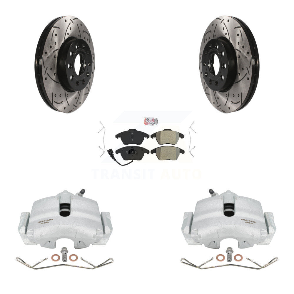 Front Disc Brake Coated Caliper Drilled Slotted Rotors And Semi-Metallic Pads Kit For Volkswagen Jetta Beetle Rabbit Golf Audi A3 KCD-100056N by Transit Auto