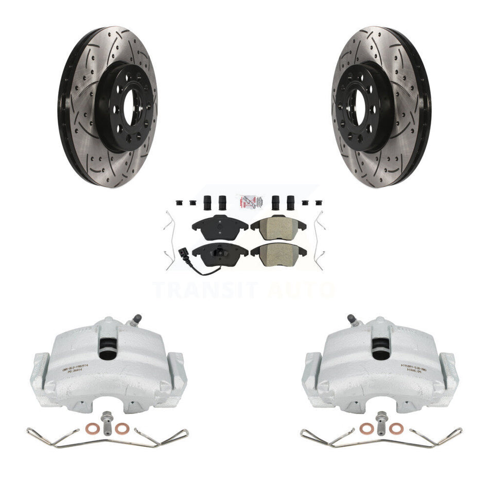 Front Disc Brake Coated Caliper Drilled Slotted Rotors And Semi-Metallic Pads Kit For Volkswagen Jetta Beetle Rabbit Golf Audi A3 KCD-100057N by Transit Auto