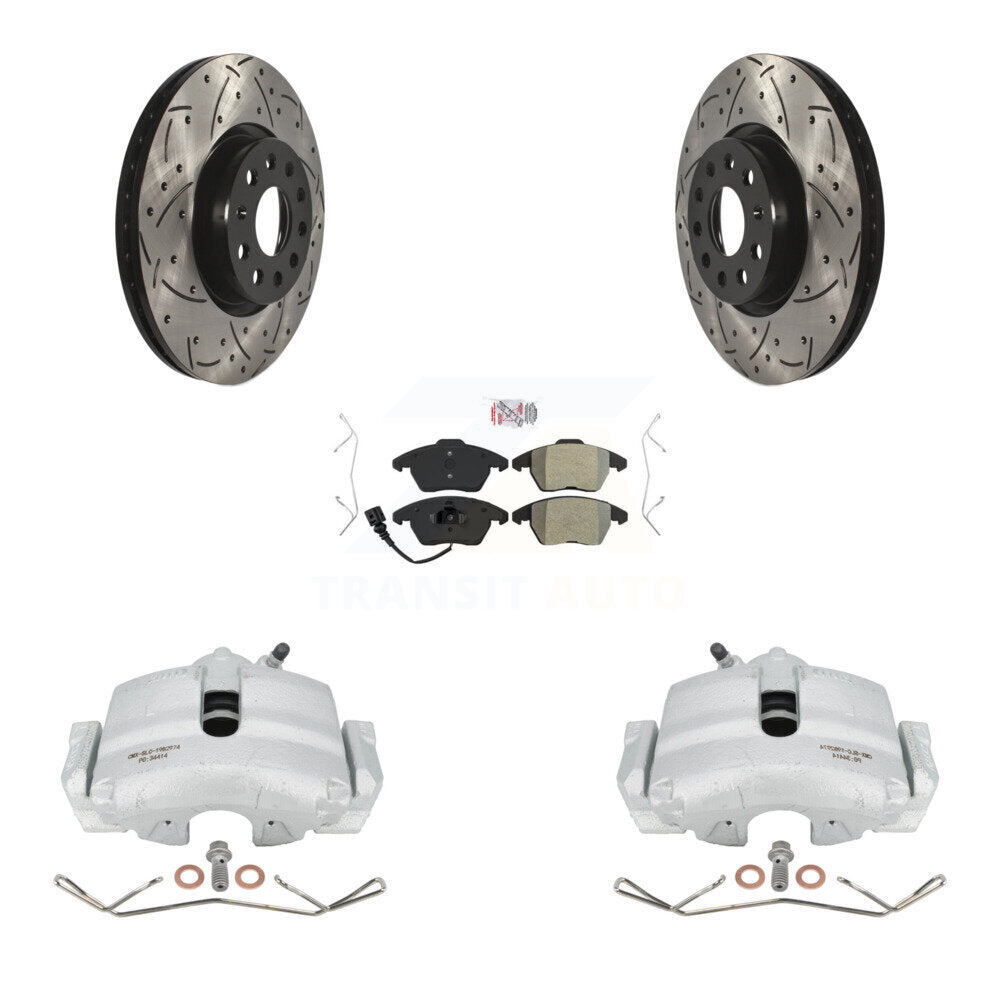 Front Disc Brake Coated Caliper Drilled Slotted Rotors And Semi-Metallic Pads Kit For Volkswagen Jetta Audi A3 Golf KCD-100058N by Transit Auto