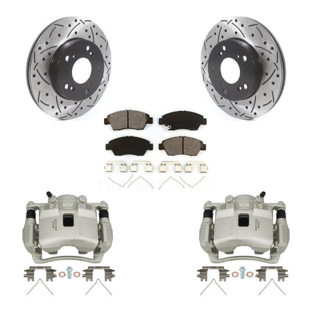 Front Brake Caliper Drill Slotted Rotors Semi-Metallic Pad Kit For Honda Civic Acura RSX KCD-100060S