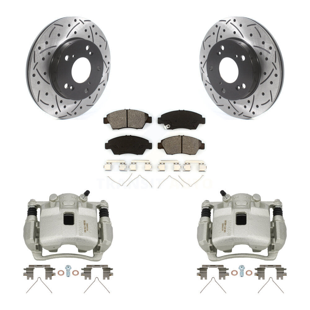 Front Disc Brake Coated Caliper Drilled Slot Rotor Semi-Metallic Pad Kit For Honda Civic KCD-100064S