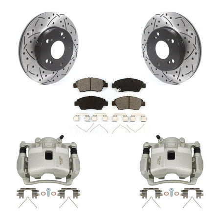 Front Disc Brake Coated Caliper Drilled Slot Rotor Semi-Metallic Pad Kit For Honda Civic KCD-100064S