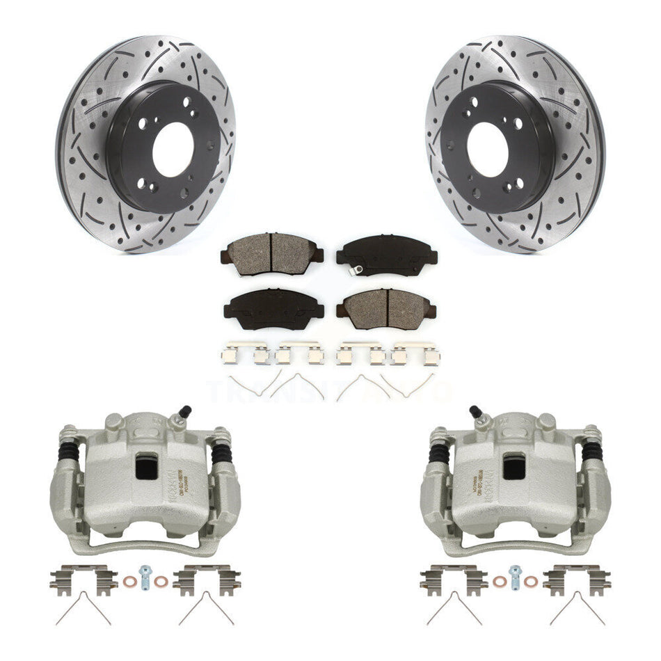 Front Disc Brake Coated Caliper Drilled Slot Rotor Semi-Metallic Pad Kit For Honda Civic KCD-100064S