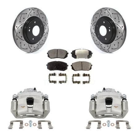 Front Brake Coated Caliper Drill Slotted Rotors Semi-Metallic Pad Kit For Hyundai Sonata KCD-100065P