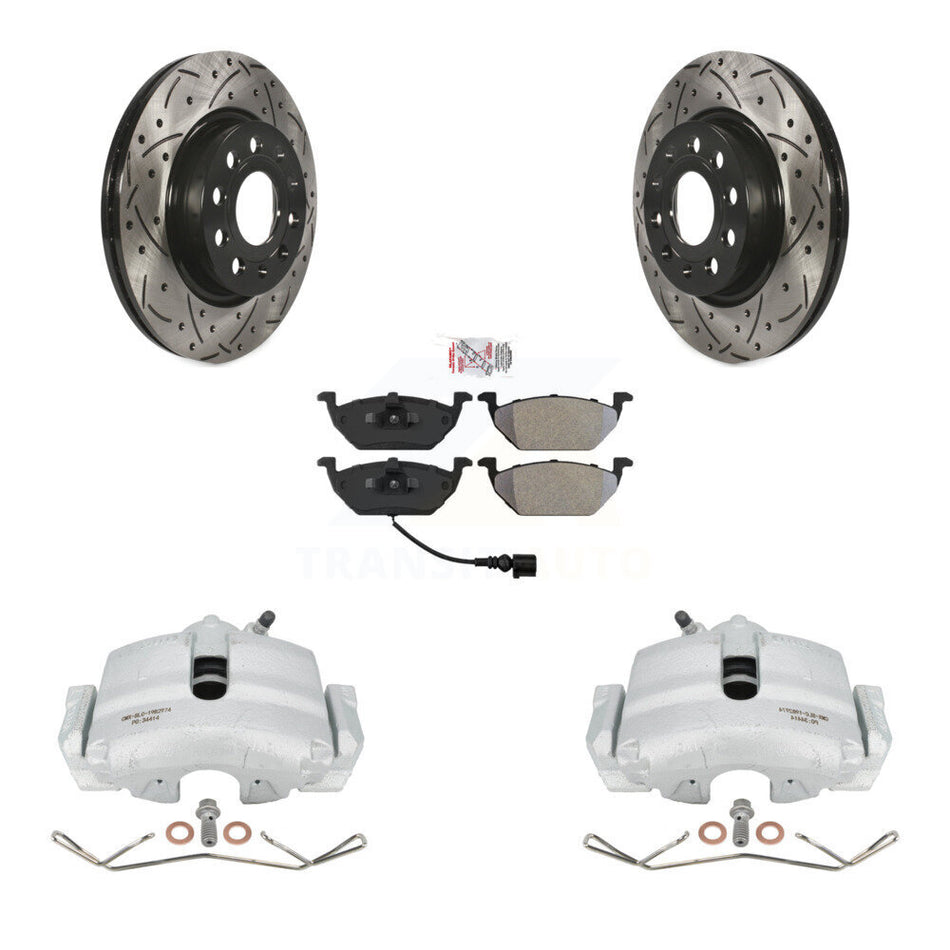 Front Disc Brake Coated Caliper Drilled Slotted Rotors And Semi-Metallic Pads Kit For Volkswagen Jetta With 280mm Diameter Rotor KCD-100066N by Transit Auto