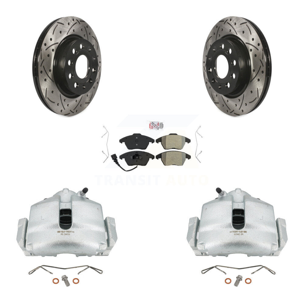 Front Disc Brake Coated Caliper Drilled Slotted Rotors And Semi-Metallic Pads Kit For Volkswagen GTI Audi A3 Quattro With 280mm Diameter Rotor KCD-100067N by Transit Auto