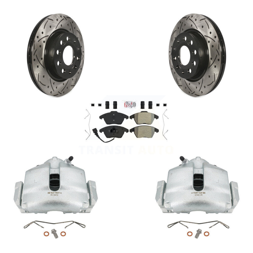 Front Disc Brake Coated Caliper Drilled Slotted Rotors And Semi-Metallic Pads Kit For Volkswagen GTI Audi A3 Quattro With 280mm Diameter Rotor KCD-100068N by Transit Auto