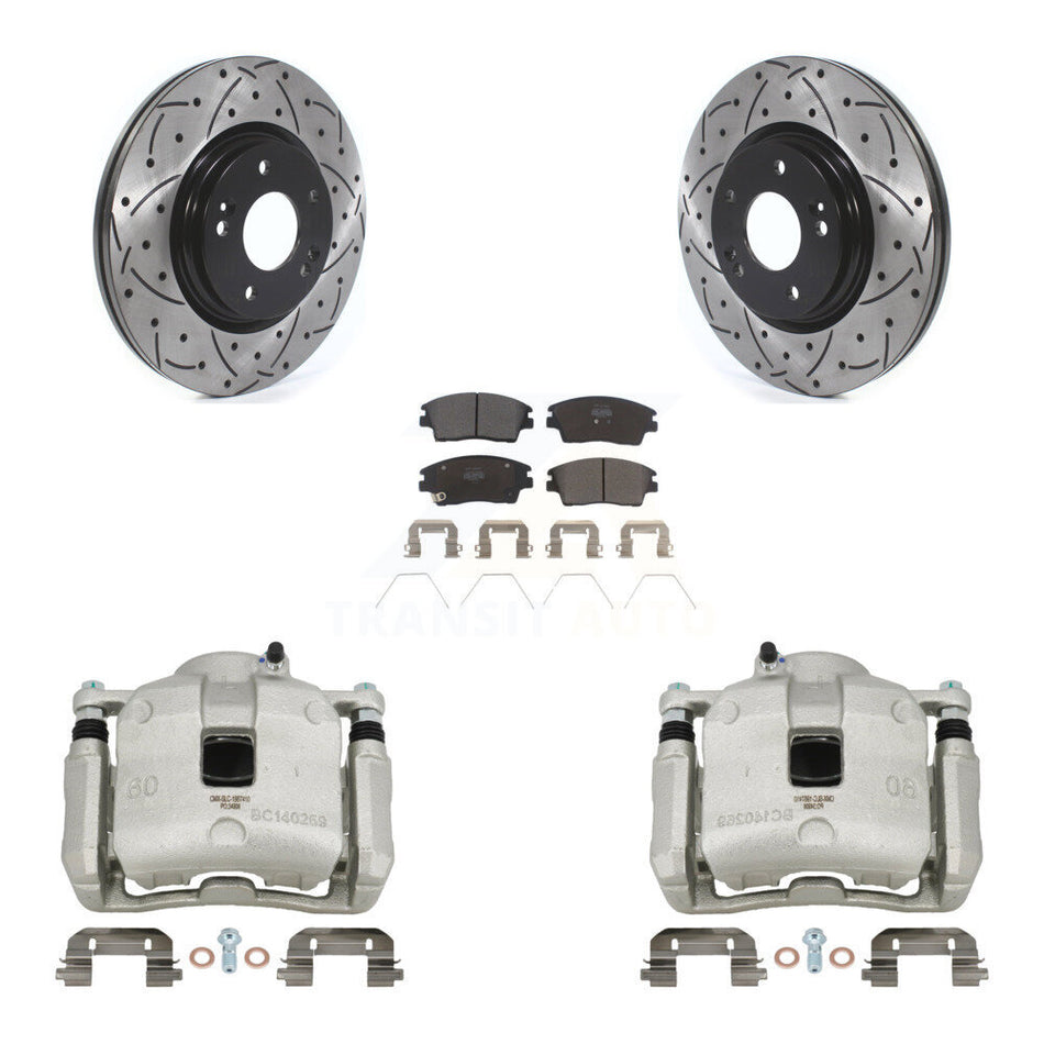 Front Brake Coated Caliper Drill Slot Rotor Semi-Metallic Pad Kit For Hyundai Tucson Kia KCD-100069P