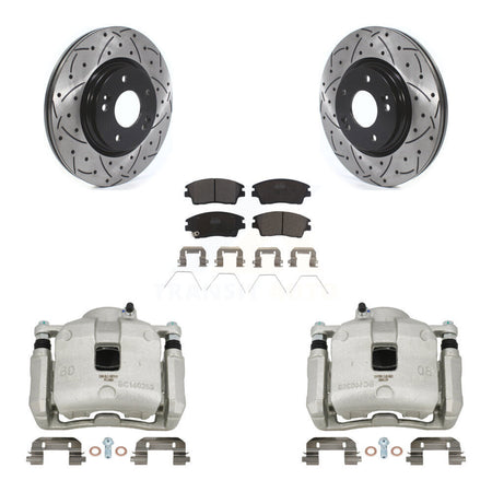 Front Brake Caliper Drill Slotted Rotors Ceramic Pad Kit For Hyundai Tucson Kia Sportage KCD-100069T