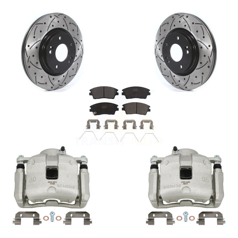 Front Brake Caliper Drill Slotted Rotors Ceramic Pad Kit For Hyundai Tucson Kia Sportage KCD-100069T