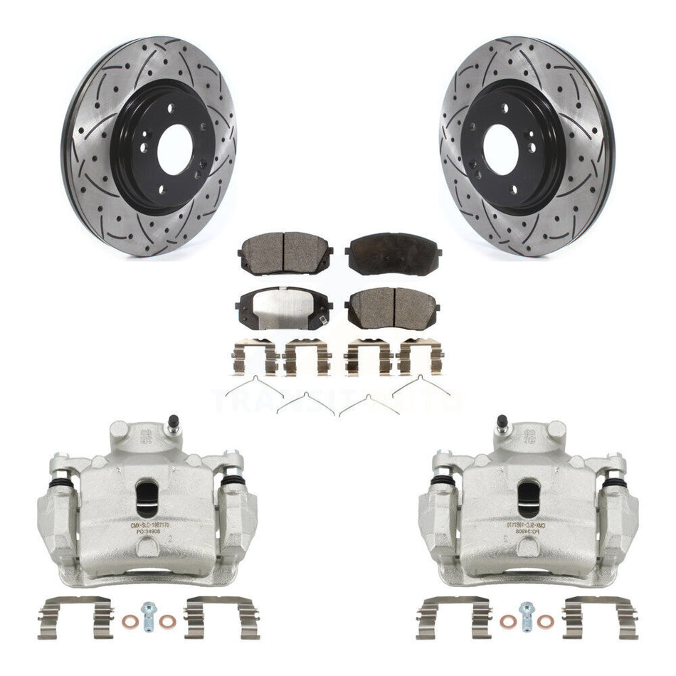 Front Brake Caliper Drill Slot Rotor Semi-Metallic Pad Kit For Hyundai Sonata Kia Optima KCD-100071P