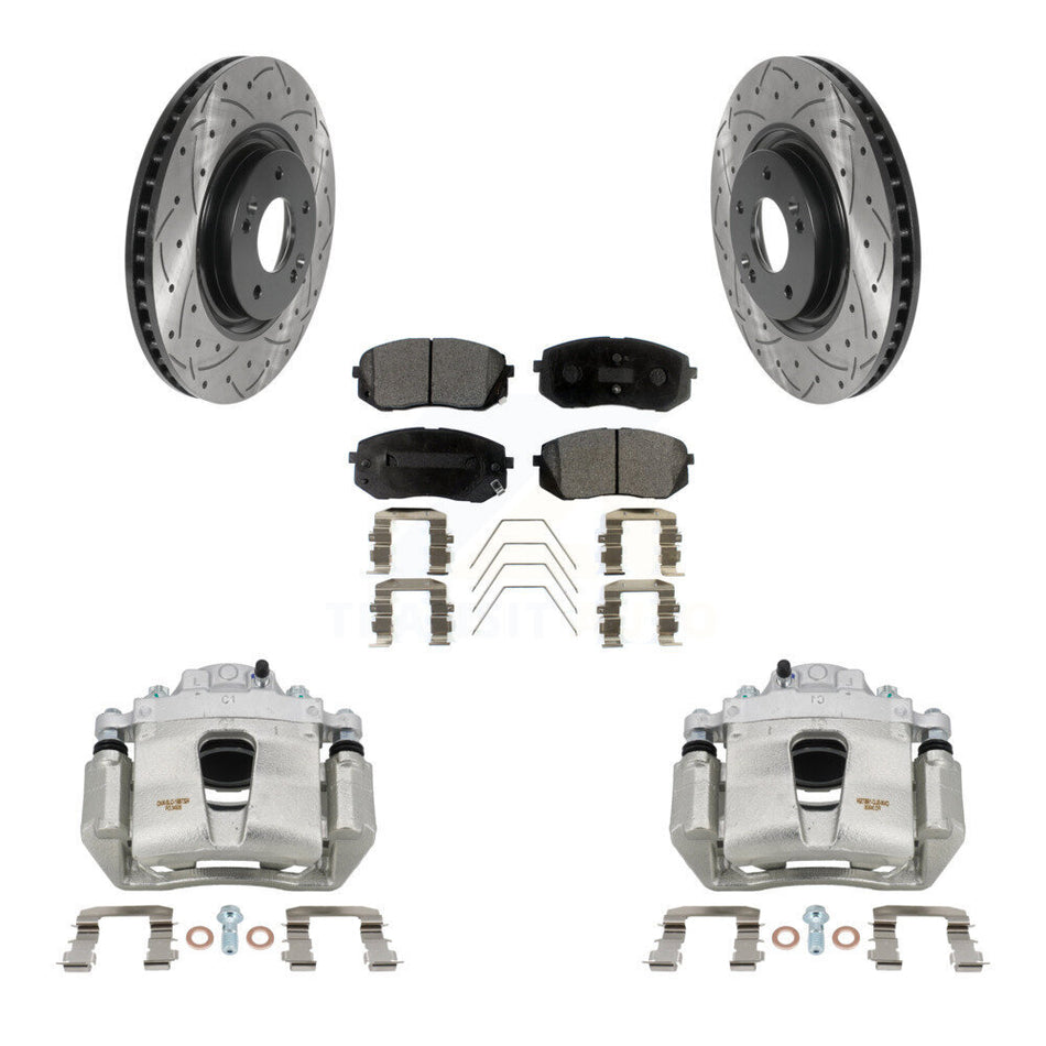 Front Brake Caliper Drill Slot Rotor Semi-Metallic Pad Kit For Hyundai Sonata Kia Optima KCD-100072P