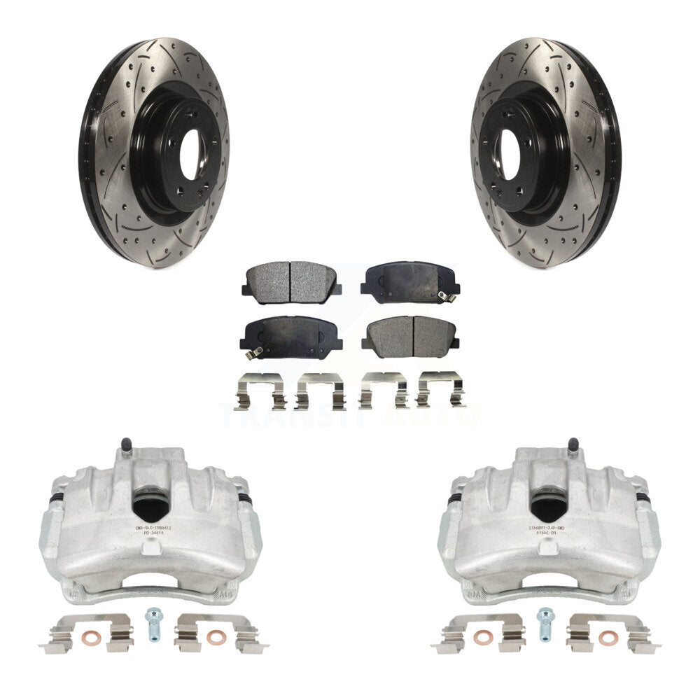 Front Disc Brake Coated Caliper Drilled Slotted Rotors And Semi-Metallic Pads Kit For Hyundai Genesis Coupe With Single Piston Calipers KCD-100078P by Transit Auto