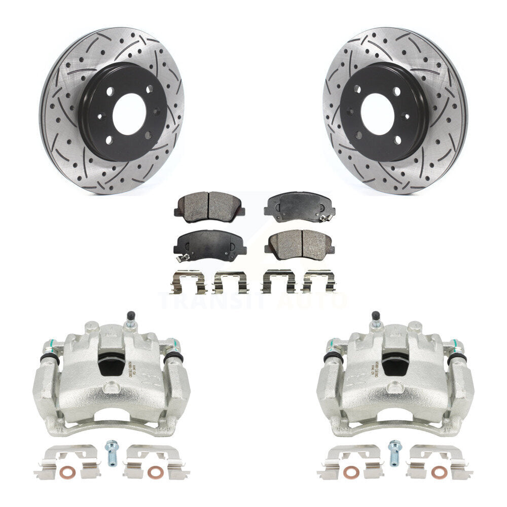 Front Disc Brake Coated Caliper Drilled Slotted Rotors And Semi-Metallic Pads Kit For Hyundai Accent Kia Rio KCD-100081P by Transit Auto