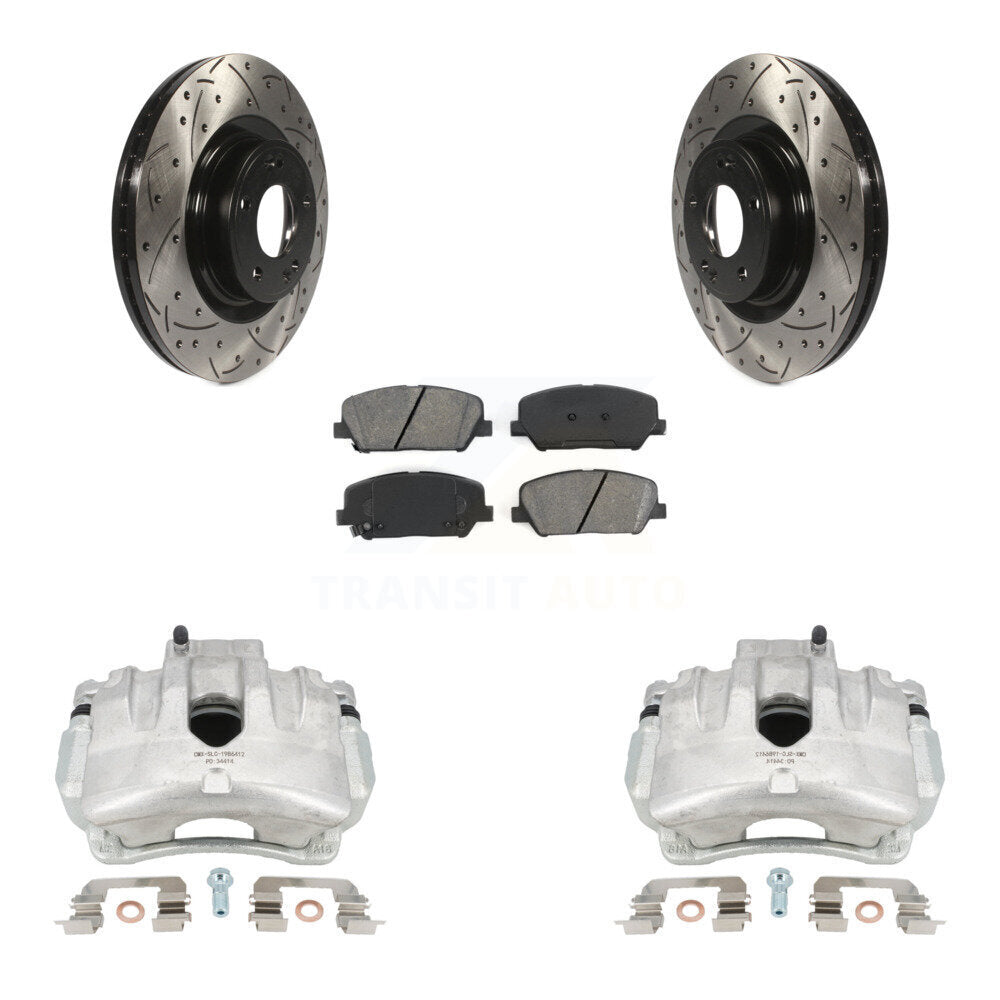 Front Disc Brake Coated Caliper Drilled Slotted Rotors And Semi-Metallic Pads Kit For Hyundai Genesis Coupe With Single Piston Calipers KCD-100102S by Transit Auto