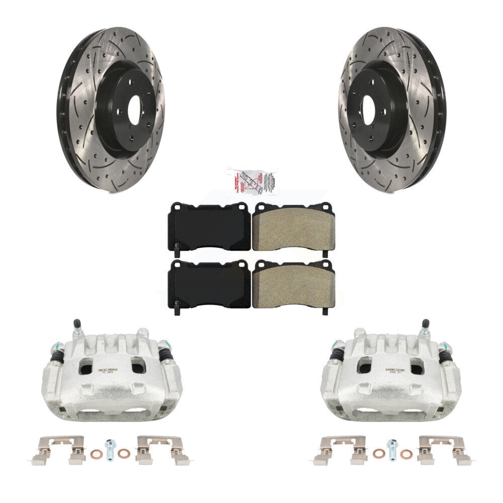 Front Brake Coated Caliper Drill Slot Rotor Semi-Metallic Pad Kit For Subaru Impreza WRX KCD-100116N