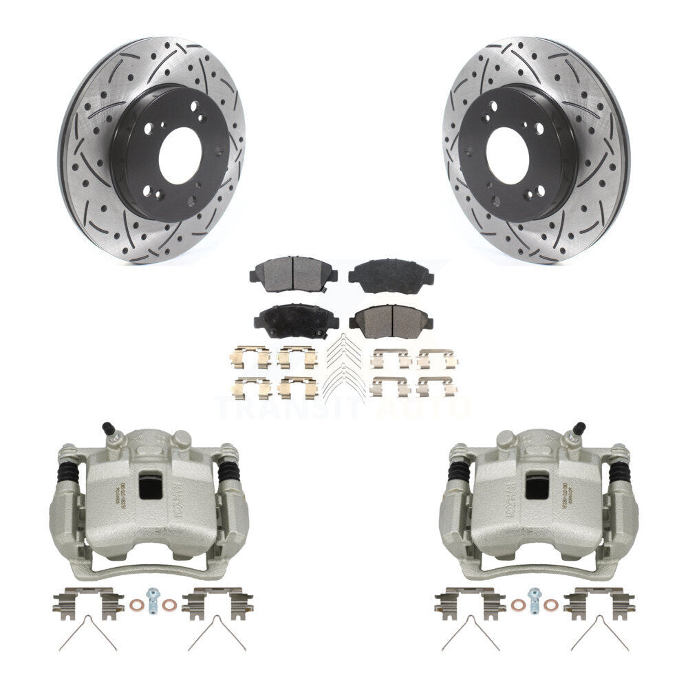 Front Brake Caliper Drill Slotted Rotors Semi-Metallic Pad Kit For Honda Civic Acura RSX KCD-100116P