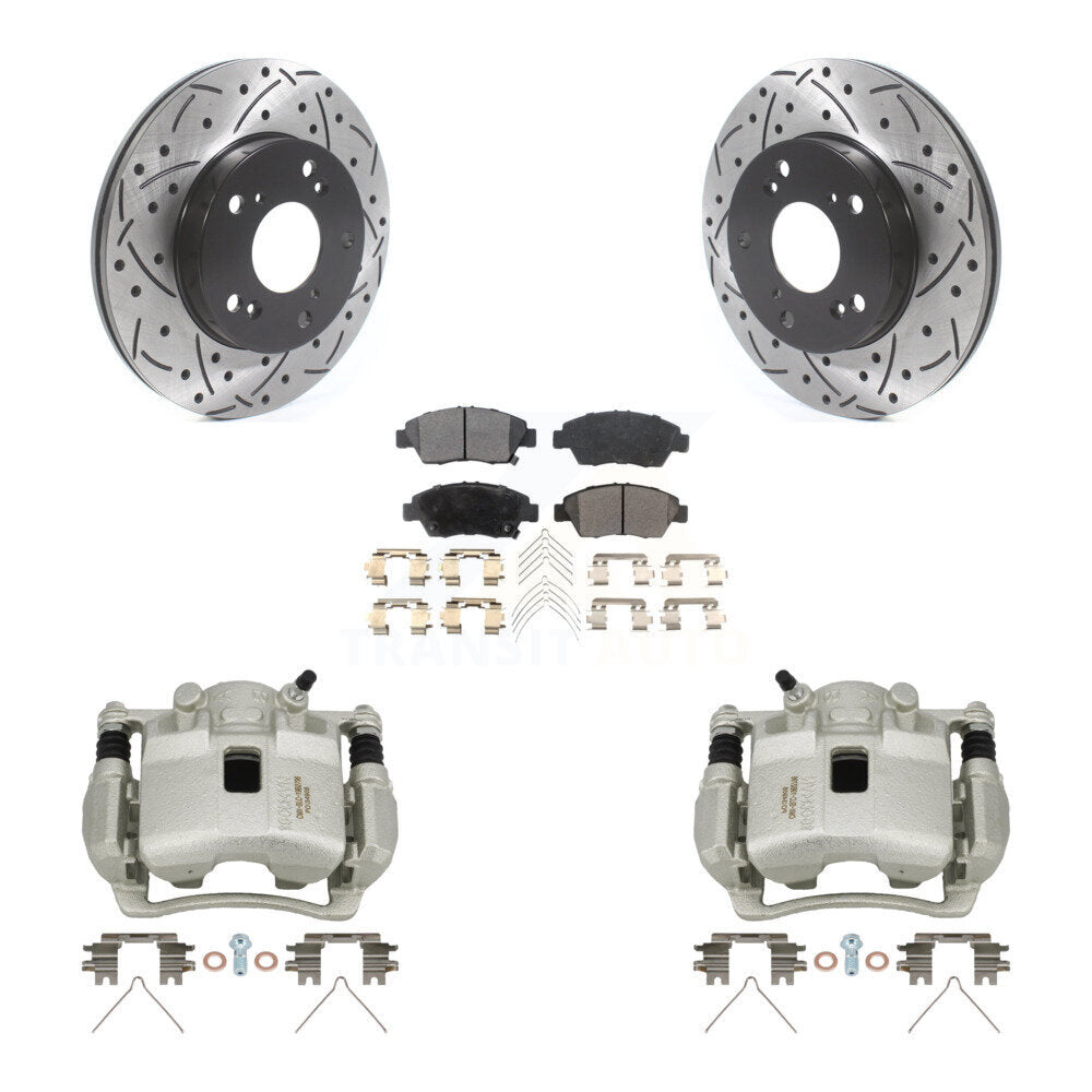 Front Disc Brake Coated Caliper Drilled Slot Rotor Semi-Metallic Pad Kit For Honda Civic KCD-100121P