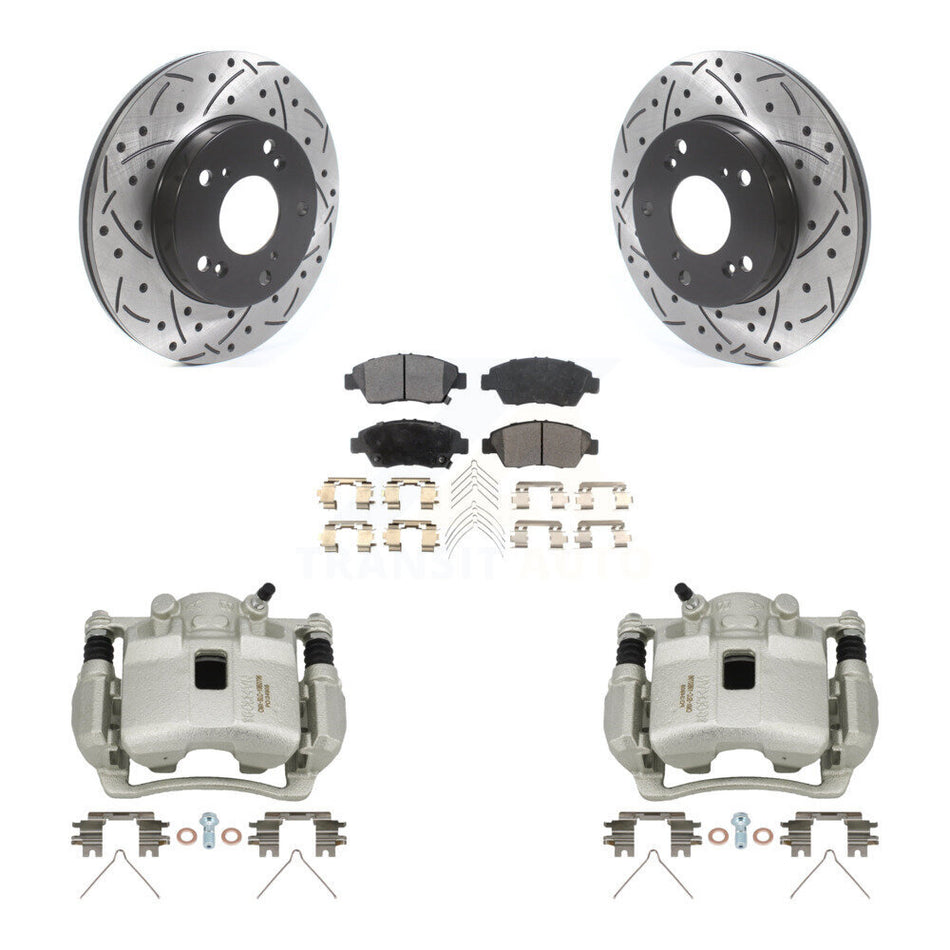 Front Disc Brake Coated Caliper Drilled Slot Rotor Semi-Metallic Pad Kit For Honda Civic KCD-100121P