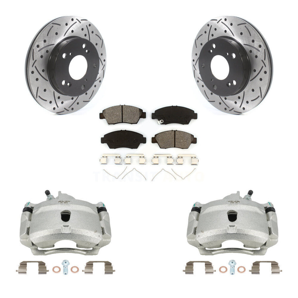 Front Disc Brake Coated Caliper Drilled Slotted Rotors And Semi-Metallic Pads Kit For 2004-2005 Honda Civic Si with 1.7L With 5 Lug Wheels KCD-100125S by Transit Auto