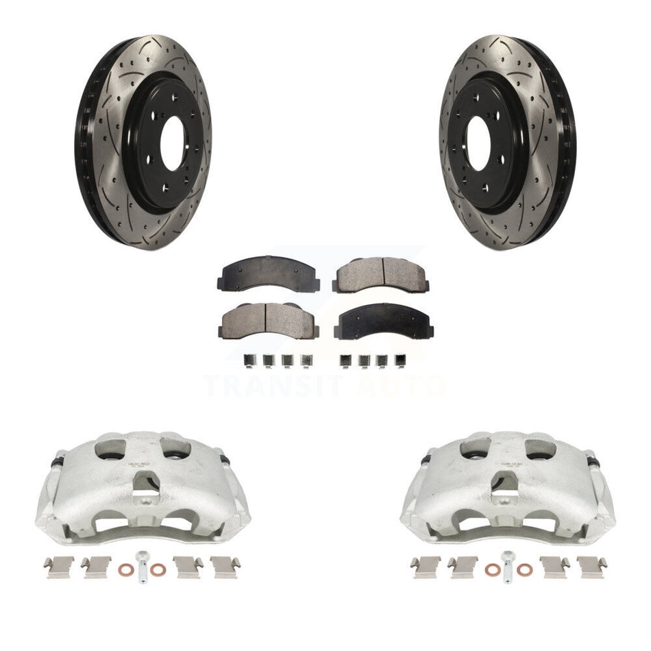 Front Disc Brake Coated Caliper Drilled Slotted Rotors And Ceramic Pads Kit For 2010-2011 Ford F-150 With 7 Lug Wheels KCD-100133T by Transit Auto