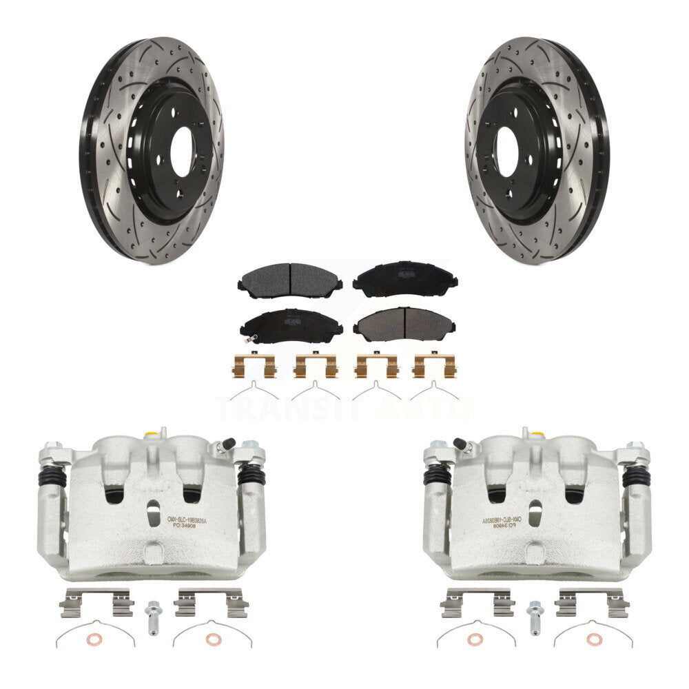 Front Brake Caliper Drill Slot Rotor Semi-Metallic Pad Kit For Honda Pilot Ridgeline MDX KCD-100135P