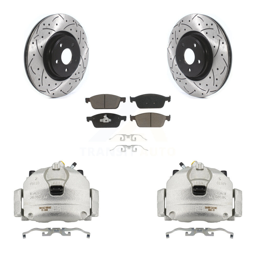 Front Disc Brake Coated Caliper Drilled Slotted Rotors & Ceramic Pad Kit For Lincoln MKC KCD-100140C