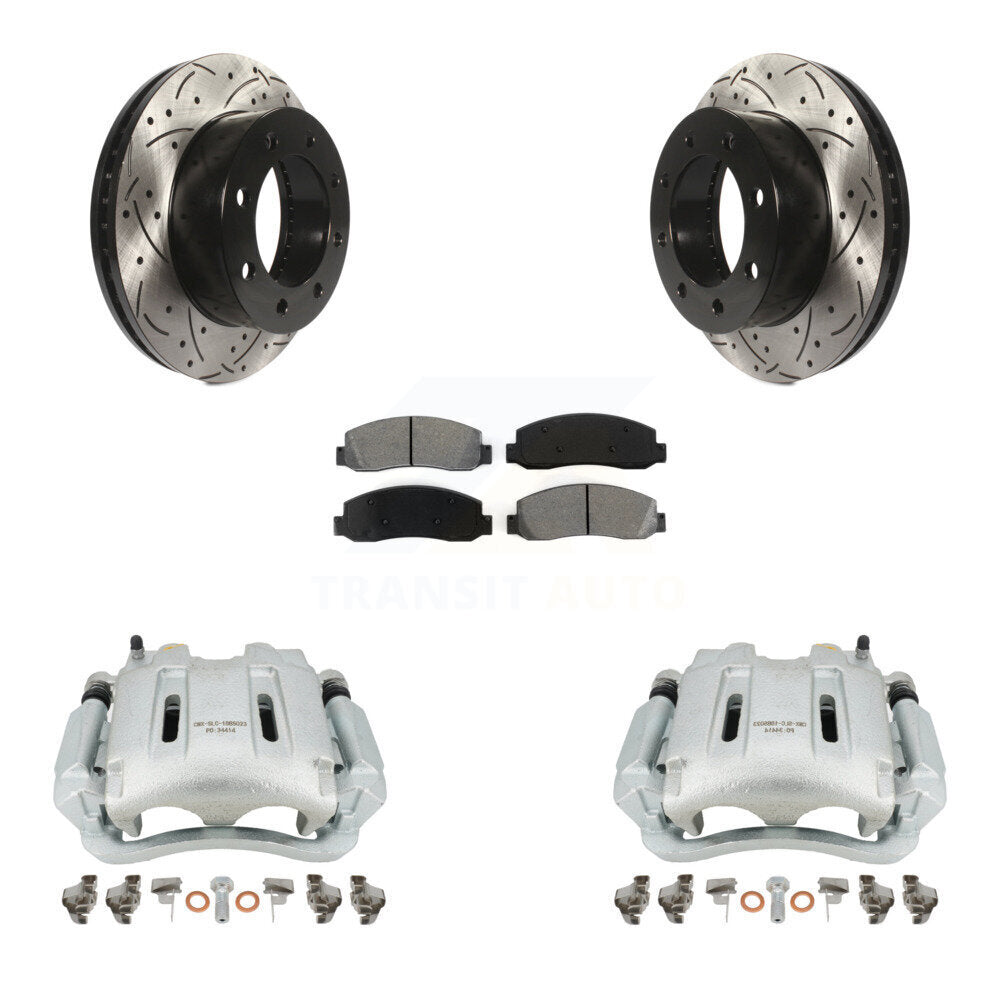 Front Disc Brake Coated Caliper Drilled Slotted Rotors And Semi-Metallic Pads Kit For Ford F-250 Super Duty F-350 KCD-100142S by Transit Auto