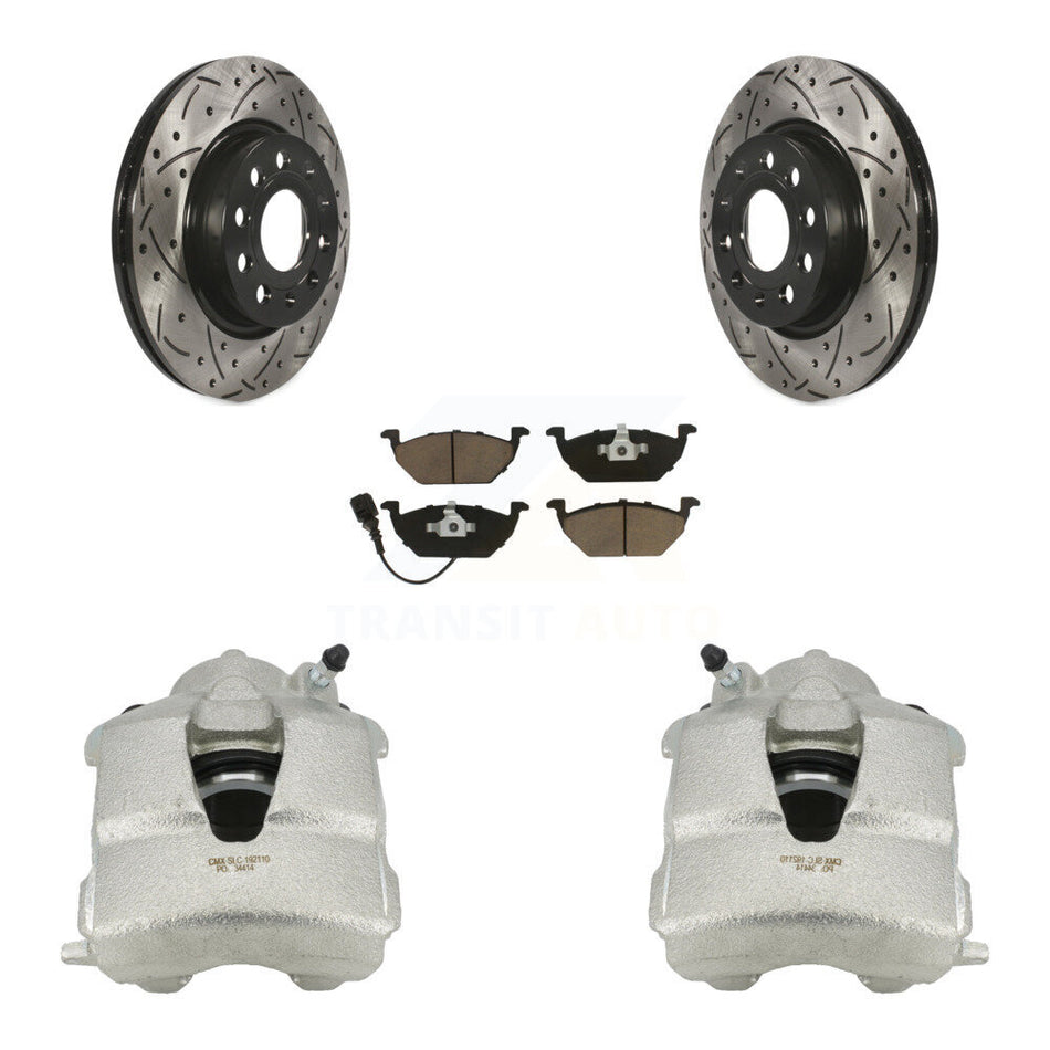 Front Disc Brake Coated Caliper Drilled Slotted Rotors And Ceramic Pads Kit For Volkswagen Jetta With 280mm Diameter Rotor KCD-100148C by Transit Auto