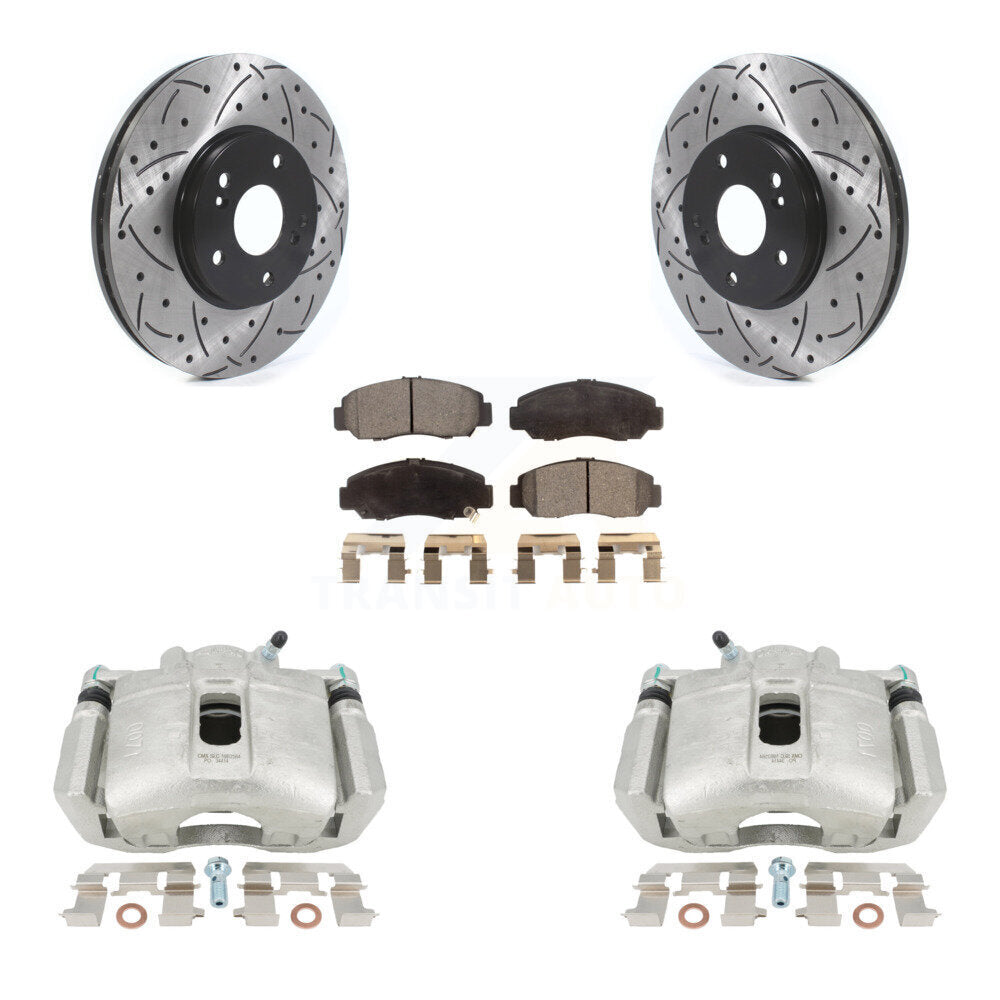 Front Disc Brake Coated Caliper Drilled Slotted Rotors And Semi-Metallic Pads Kit For 2005-2007 Honda Accord Sedan with 3.0L GAS engine Manual transmission KCD-100152P by Transit Auto