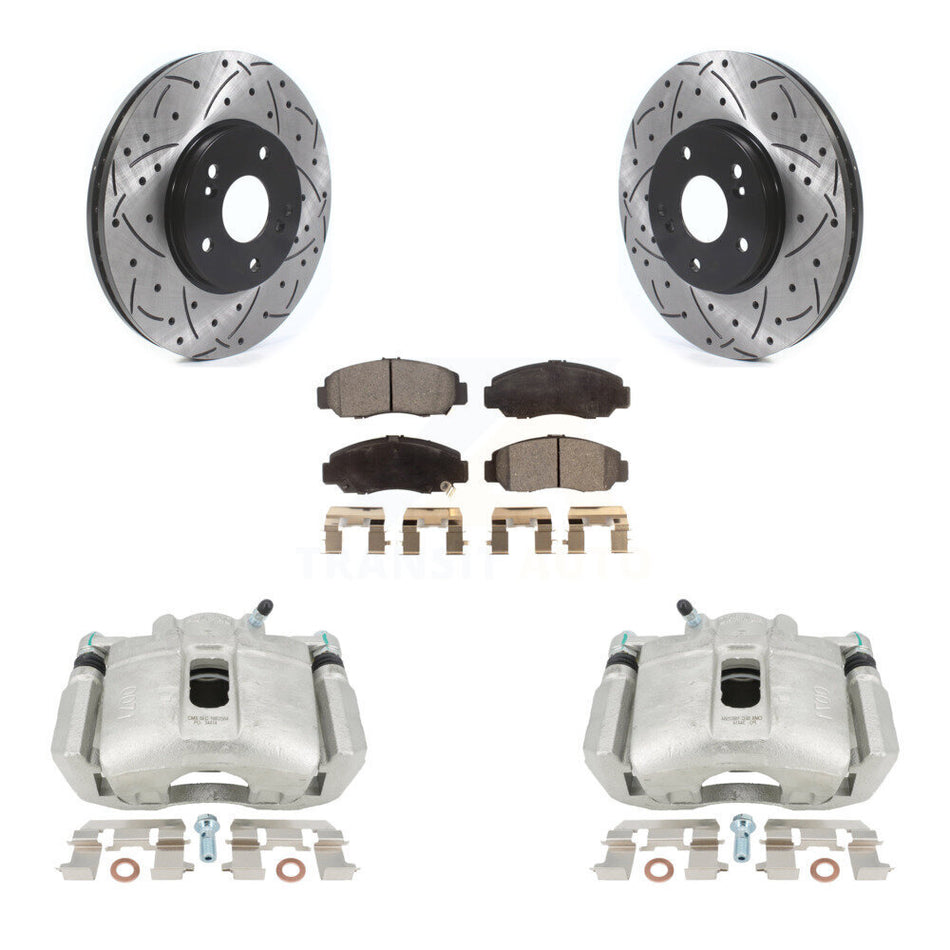 Front Disc Brake Coated Caliper Drilled Slotted Rotors And Ceramic Pads Kit For 2005-2007 Honda Accord Sedan with 3.0L GAS engine Manual transmission KCD-100154T by Transit Auto