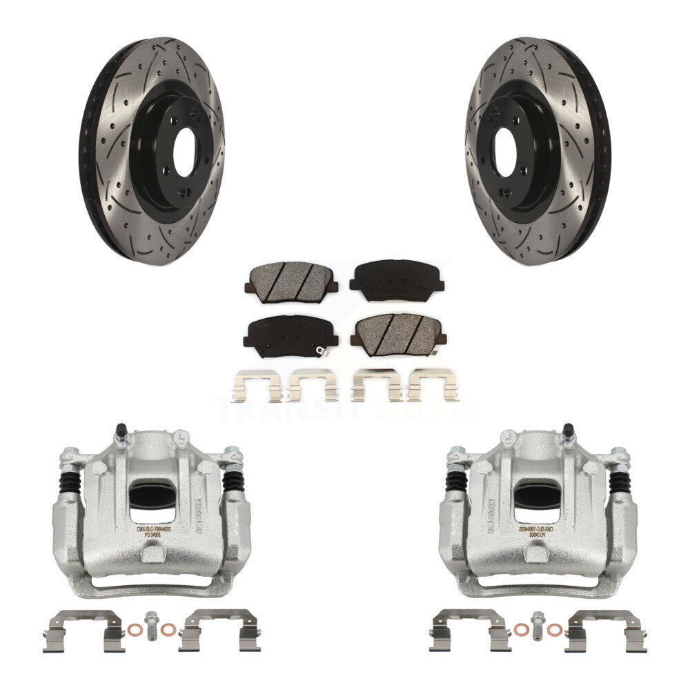 Front Brake Caliper Drill Slotted Rotor Semi-Metallic Pad Kit For Hyundai Santa Fe Sport KCD-100155S