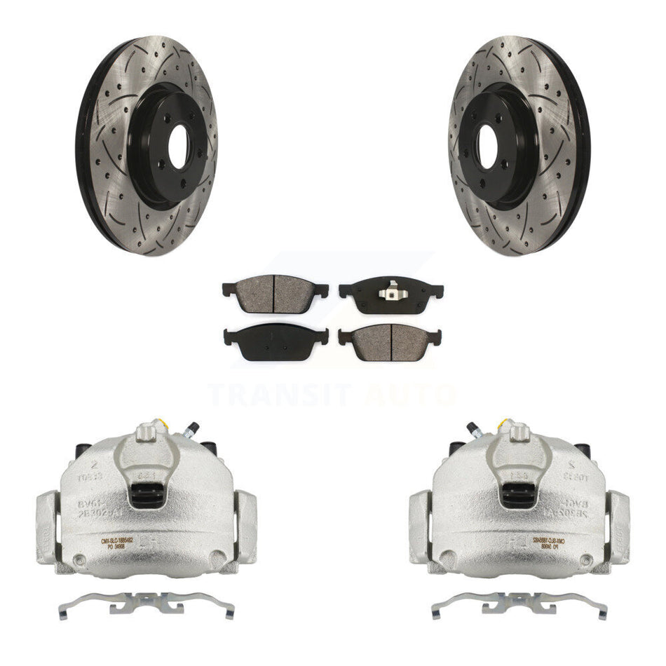 Front Brake Caliper Drilled Slot Rotor Semi-Metallic Pad Kit For Ford Escape Transit MKC KCD-100156S