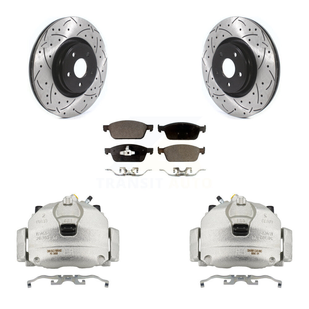 Front Disc Brake Coated Caliper Drilled Slot Rotor Semi-Metallic Pad Kit For Lincoln MKC KCD-100157P