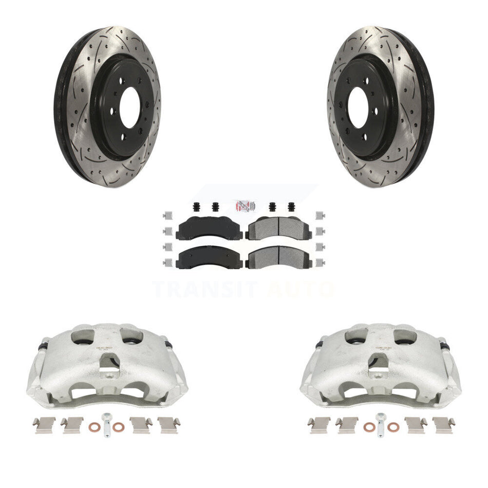 Front Disc Brake Coated Caliper Drilled Slotted Rotors And Semi-Metallic Pads Kit For Ford F-150 Expedition Lincoln Navigator KCD-100170N by Transit Auto